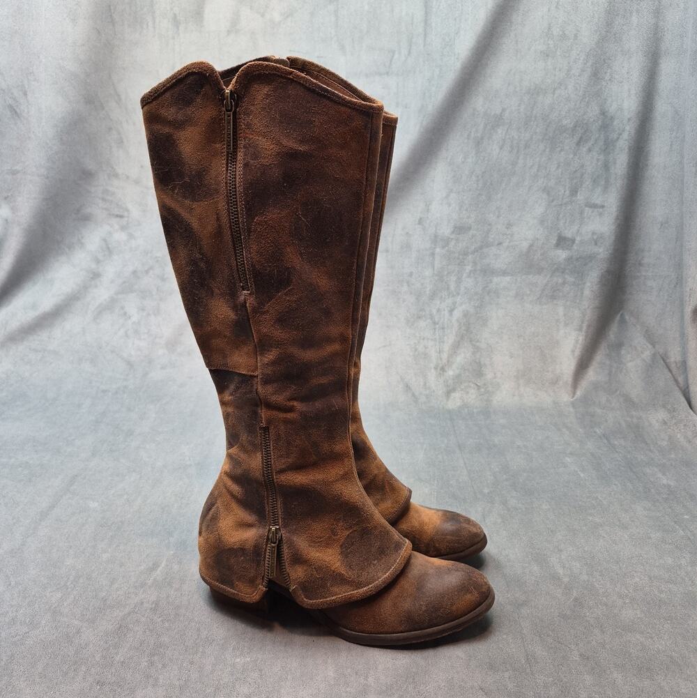 Donald J Pliner 8.5 M Devi2-81 Brown Distressed Leather Suede Zippers Knee Boots